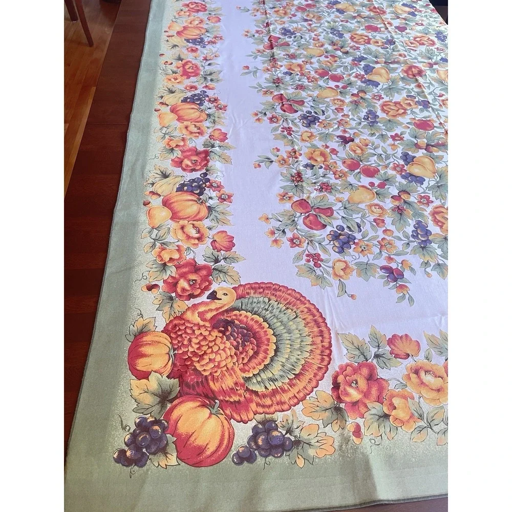 Vintage Thanksgiving Tablecloth Turkey Pumpkins Fruit Harvest Printed 81x59